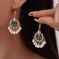 Boucles d'oreilles pendantes en alliage style ethnique avec perles et pampilles, motif fleur de diamant bohème, pour femme, luxe léger et élégant