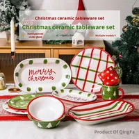 Vente directe d'usine, vaisselle de Noël en céramique écologique, peinte à la main, design frais, avec assiettes, bols, tasses