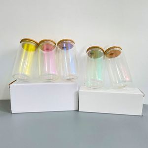 Nouvelles canettes en verre de 20 oz vierges pour sublimation, arc-en-ciel irisé, verres à boire élégants et colorés, avec couvercle en bambou et paille - Product Image 1