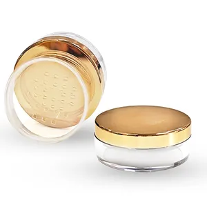 Bright gold empty cosmetic compact powder box container loose powder case with sift mesh