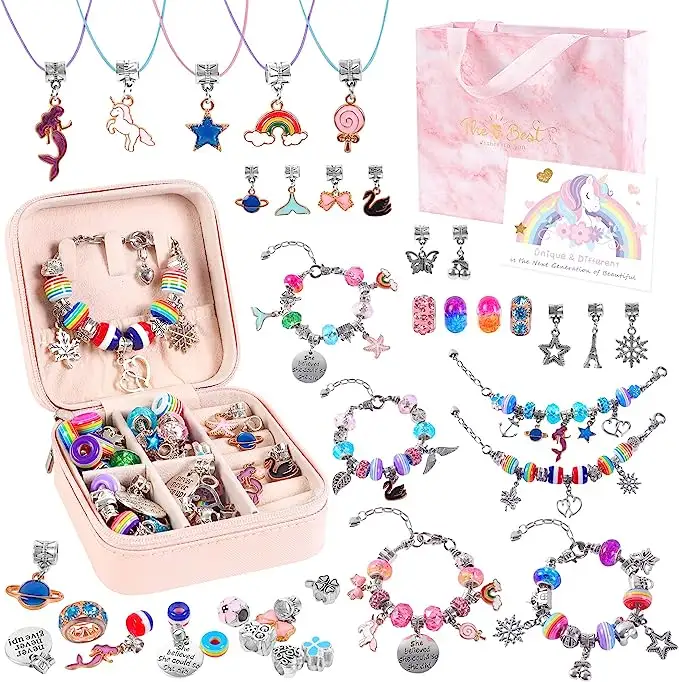 DIY Pink Charms Bracelet Making Kit for Girls Acrylic and Plastic Beads Jewelry Finding Type Birthday Party Favor Gift