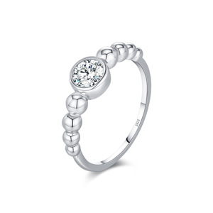 S925 Silver Round Diamond Minimalist Beaded <b>CZ</b> <b>Ring</b> Bezel Setting Ball Pattern Classic Engagement Band For Women - Product Image 1