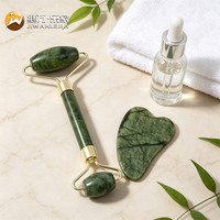 Jiwan Lejia Nouveau Style Ensemble de rouleaux de massage en jade et Gua Sha en pierre naturelle verte pour le visage, masseur double face pour le lifting du visage et du cou