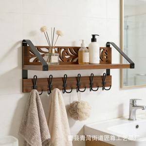 Estante de almacenamiento de madera para montar en la pared con ganchos para baño, sala de estar, dormitorio, perchero, organizador multiusos - Product Image 1
