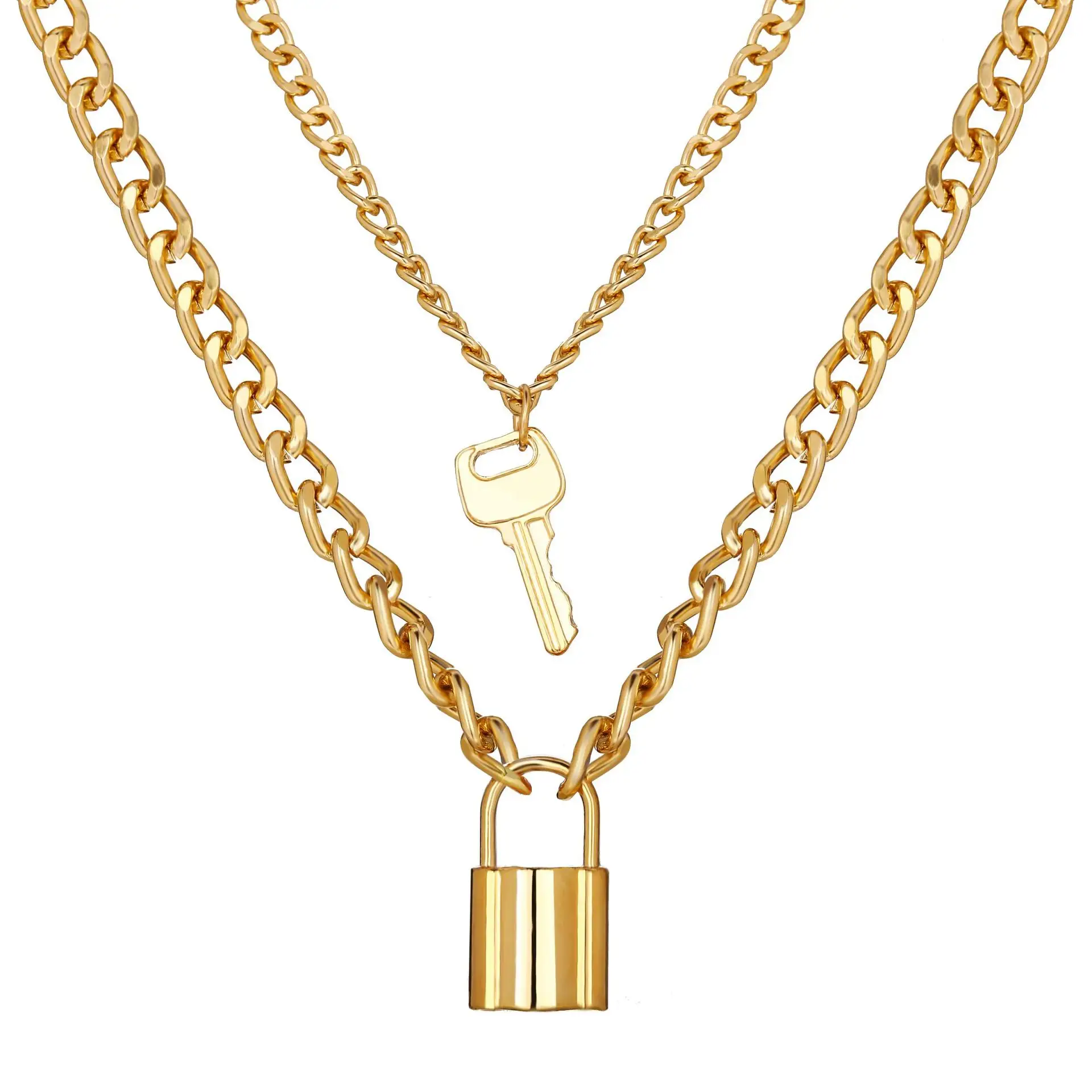 18k Gold Link Chain Lock Key Pendant Layered NecklaceJewellery For Women