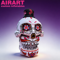 Crâne géant gonflable pour le Día de los Muertos, crâne avec chapeau pour la décoration du festival d'Halloween, crâne en sucre peint aux fleurs