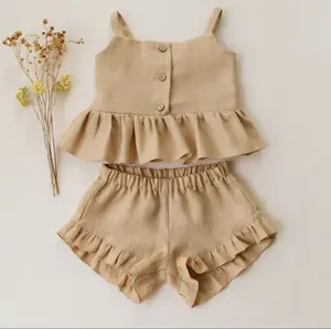 Zomer Katoenen Hennep Kant Baby Meisje Kleding Kleine Bretels Plus Korte Broek Baby Pak Effen Kleur Top Rand Shorts Kids Jumpsuit