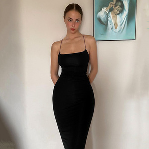 Vestido de verano europeo y americano para mujer, con tirantes finos, cintura alta, espalda descubierta, falda larga, elegante, transpirable, informal, para fiesta. - Product Image 3