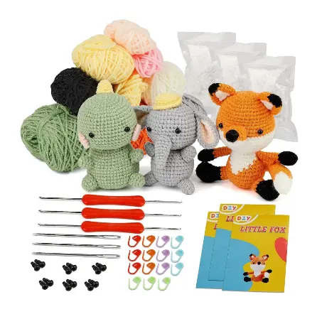 3 pçs DIY Kit de Crochê Animal Mini Pesto DIY Crochê Fox Elefante Dinossauro Bonecos de Pelúcia Fácil Seguir Instruções Kit de Fio Inicial