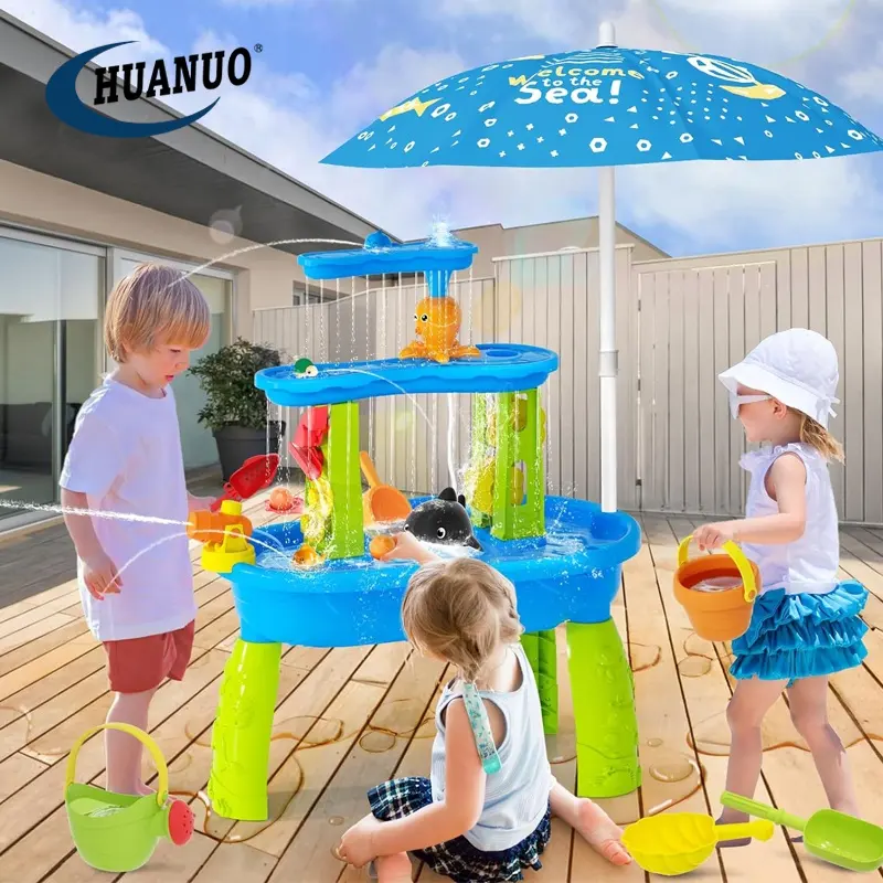 Brinquedo de mesa de areia para praia verão, bomba de água elétrica de 3 camadas, chuveiros de chuva, brinquedos aquáticos para crianças