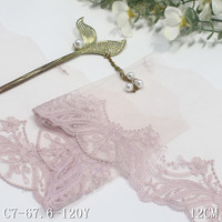 Bordure en dentelle brodée florale rose clair de 12 cm pour robe, poignets, accessoires vestimentaires, couture