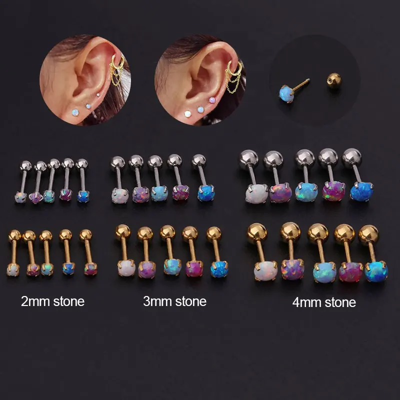 1 Pair 1.2*6*4/4mm surgical Stainless Steel gem stone earring mixed colors piercing tragus barbell Jewelry