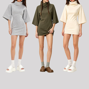 Streetwear Light Weight 210gsm 95% Cotton 5%spandex Mock Neck Fitted Curve <strong>Dresses</strong> <strong>Bell</strong> Sleeve Padded Collar Girl Bodycon <strong>Dress</strong> - Product Image 4