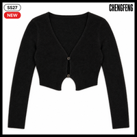 Minimalistischer Damen-Cardigan in Schwarz mit tiefem V-Ausschnitt, langen Ärmeln und kurzem Schnitt, mit individuellem Logo, OEM/ODM-Hersteller