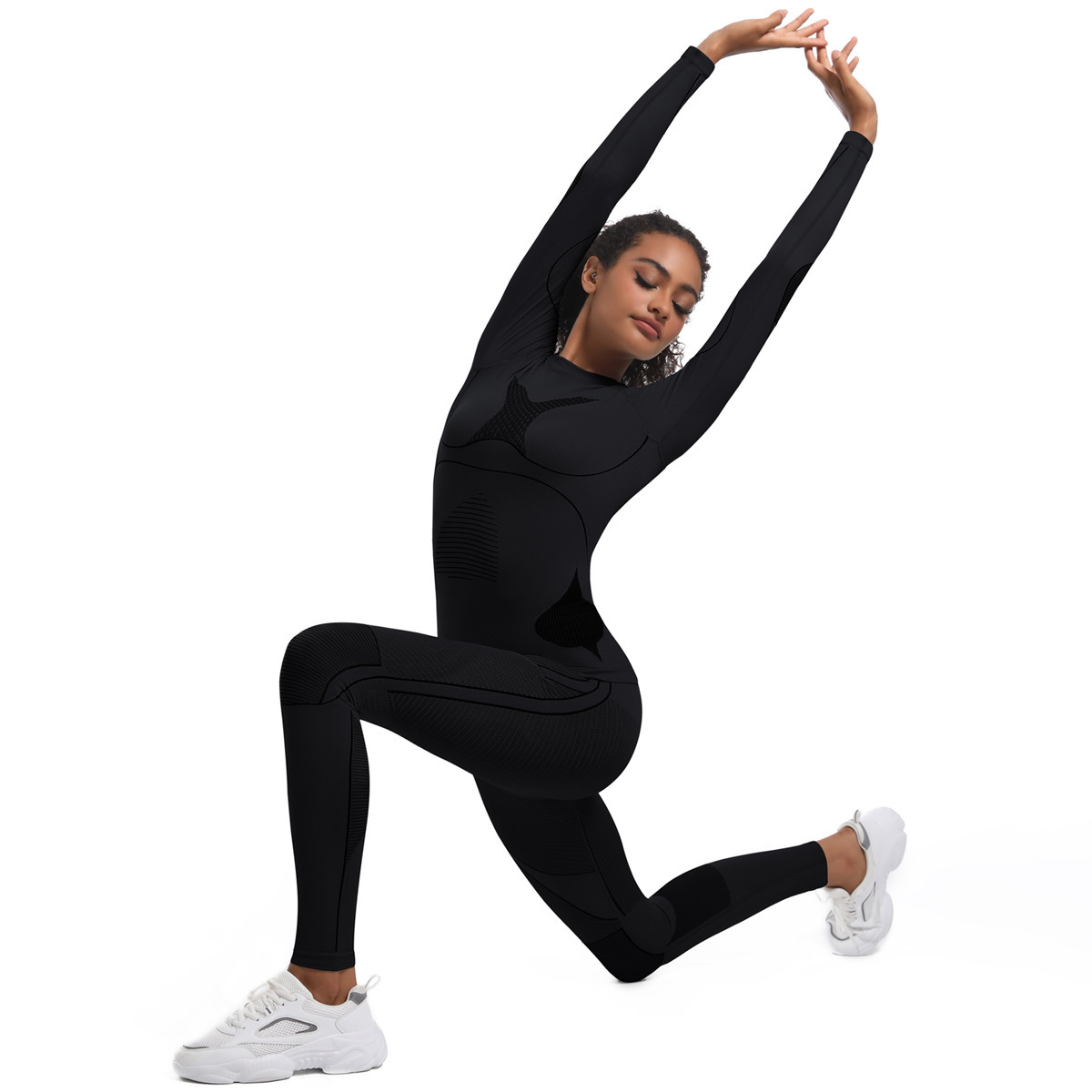 Custom Seamless Crew Neck Long Sleeve Yoga Set Tight Fit Two Piece Ankle-Length Spandex/Nylon Color Blocking Gym Uniform