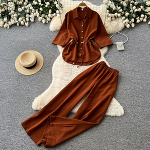 Conjuntos Casuales de 2 Piezas para <span class=keywords><strong>Mujer</strong></span>, Camisa de Manga 3/4 con Cuello y Cordón en la Cintura, Pantalones Anchos con Cintura Elástica, Conjuntos de Primavera/Verano - Product Image 1