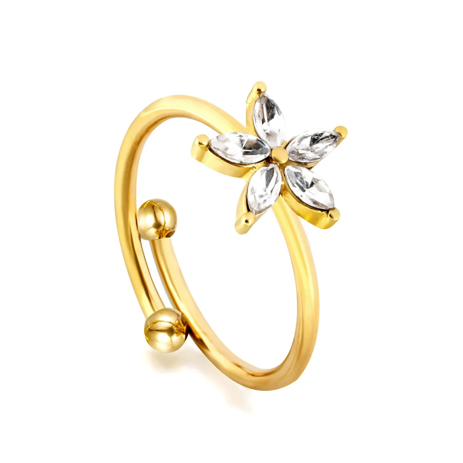 Wasserdichter Edelstahl beschichtet 18K Gold Schmuck Zirkon Ring Damen fünf-Blütenblumen-Daisy offener Finger-Ring