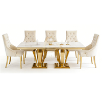 Ensemble de table à manger rectangulaire moderne de luxe en marbre, 6 places, avec pieds en acier inoxydable, pour usage hôtelier