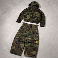 Ensemble de survêtement camouflage OEM personnalisé de haute qualité pour homme : veste zippée à capuche coupe ample style streetwear vintage et pantalon de survêtement large