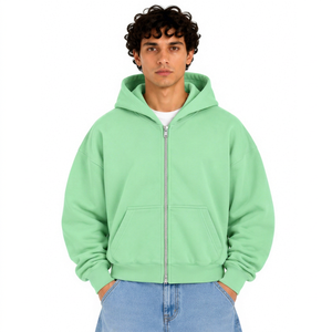 Sudadera con Capucha Verde Menta para Hombre, Cierre de Cremallera, Felpa, Color Sólido, Corte Regular, para Otoño, 100% Algodón, Antiencogimiento, 350g - Product Image 1