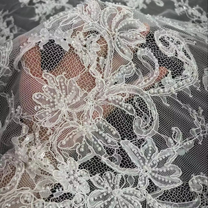 Chantlly Lace with Cord and Beads Fabric <strong>Embroidery</strong> Full Width Bridal <strong>Material</strong> for Wedding Dress - Product Image 1
