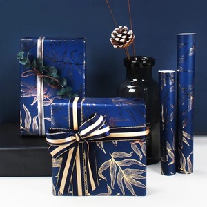 Blue Gold Leaf Pattern Recyclable Gift <b>Wrapping</b> <b>Paper</b> Roll Double Sided Art <b>Paper</b> 70GSM for Gift Packaging Digital Printing - Product Image 2