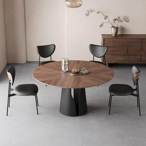 Mesa de Comedor Redonda de Madera Maciza con Incrustaciones de Nogal Negro, Muebles Giratorios para Comedor - Product Image 1