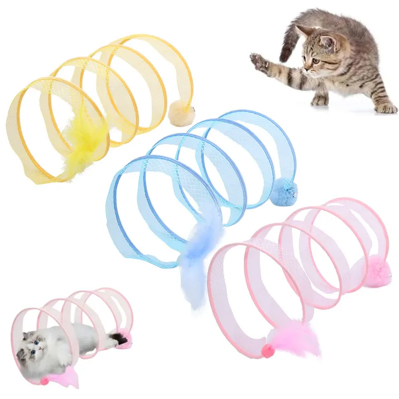 Venta caliente S tipo plegable interactivo gato primavera juguetes doblado gato tubo túnel espiral gato túnel juguete con pluma y campana