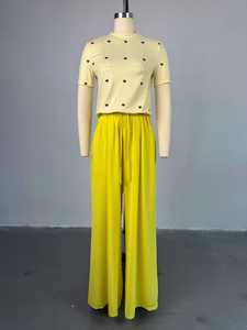 レディース新作ラウンドネックハート柄半袖トップス＆ワイドレッグパンツカジュアルツーピースセット - Product Image 6