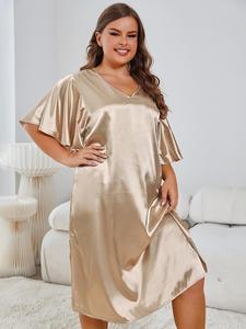 Plus Size Smooth <b>Satin</b> Nightdress Ruffle Elegant Sleeve V Neck Solid Sleepdress for Woman - Product Image 3