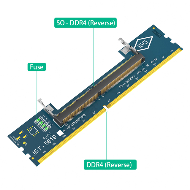 Laptop so DDR4 to Desktop DDR4 Adapter Card Memory Tester DIMM Converter Supports 5600 MHz Frequency Model JET-5619 Packaging