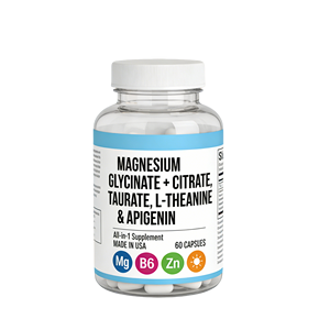 Capsules OEM de <span class=keywords><strong>Magnésium</strong></span> Glycinate, Citrate, Taurate avec L-Théanine, Apigénine, <span class=keywords><strong>B6</strong></span> et Zinc pour le Soutien du Sommeil, la Réduction du Stress et la Santé Musculaire - Product Image 1