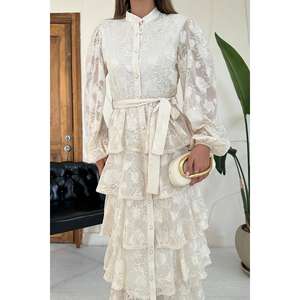 Elegante Vestido Beige en Capas con Corte en A, Cintura Natural, Tela Translúcida Tejida, para Uso Diario Informal - Product Image 2