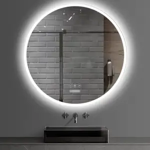Yuvarlak otel çerçevesiz arkadan aydınlatmalı dokunmatik ekran akıllı ışık banyo duvara monte led ayna