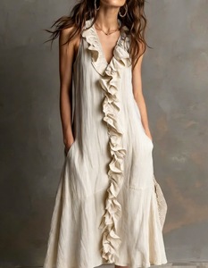 Abito lungo da donna in cotone e lino tinta unita, senza maniche, scollo a V, vestibilità ampia, con balze, nuova collezione primavera estate - Product Image 2