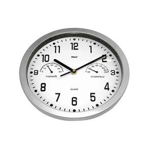 Mebus Quarz-Wanduhr analogique mit Thermomètre/Hygromètre ohne 1x AA Batterie Ø 22,5cm silber - Product Image 1