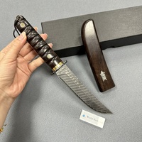 Superbe couteau tactique droit avec fourreau en bois, couteau de chasse en acier Damas, couteau japonais à lame fixe avec rivets mosaïques et manche en ébène