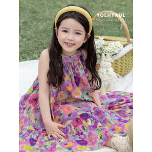 Váy bé gái YOEHYAUL X4925 không tay, dây đeo, 1 tuổi, 1-8 tuổi, màu xanh lá cây tím, dài, chất liệu cotton, họa tiết hoa, dành cho trẻ nhỏ. - Product Image 2