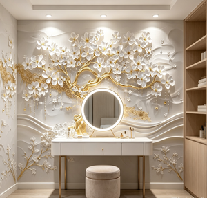 Murale 3D Personalizzato con Albero Dorato e Magnolia Bianca in Rilievo, Carta da Parati di Lusso per Villa, Hotel, Appartamento - Product Image 5