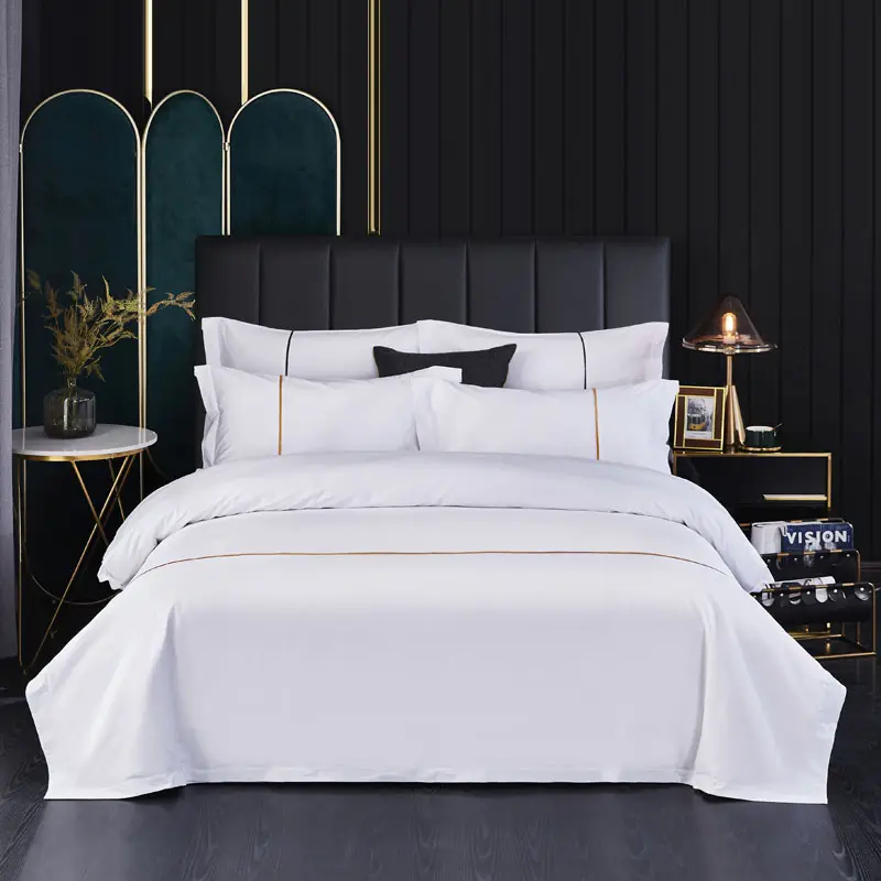 Wholesale 300TC 100% Cotton Sateen Fabric Luxury Hotel Bedding Set With Trim King Size