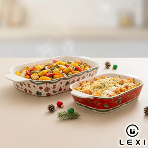 Ensemble de plats de cuisson <span class=keywords><strong>en</strong></span> céramique de Noël, 2 plats imbriqués ovales et rectangulaires, motif de guirlande de houx, <span class=keywords><strong>en</strong></span> porcelaine, revêtement céramique durable - Product Image 2