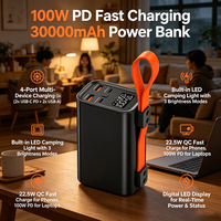 Batterie externe 30000 mAh avec charge rapide PD 100W, lampe de camping LED, 4 ports, chargeur portable pour ordinateur portable