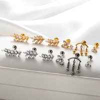 HENGSEN G23 PVD or rempli F136 Implant Grade Titane Boucle d'oreille Blanc CZ Cluster Filetage interne Boucle d'oreille à dos plat