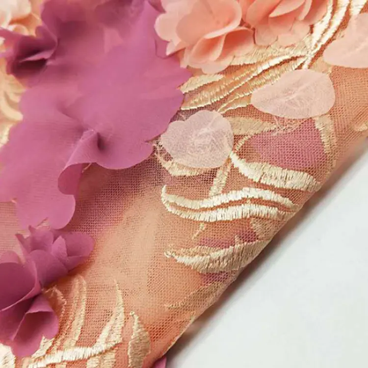 Bridal Wedding Evening Dress Beaded 3D Flower Embroidery Fabric