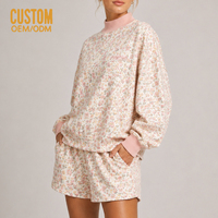 Ensemble de sweat-shirt surdimensionné à col montant côtelé rose à imprimé floral pour femme, avec short décontracté assorti, pull en coton, ensemble 2 pièces