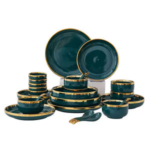 Ensemble de vaisselle en céramique vert marbré à bords dorés, bol et assiette, collection très prisée, vaisselle chinoise durable, idéal comme cadeau - Product Image 3