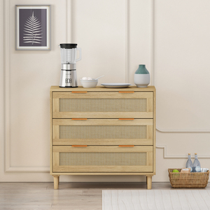 31.50" 3-<b>Drawer</b> Rattan <b>Storage</b> Cabinet Oak Finish <b>For</b> Bedroom Living Room Dining Room Hallways - Product Image 1