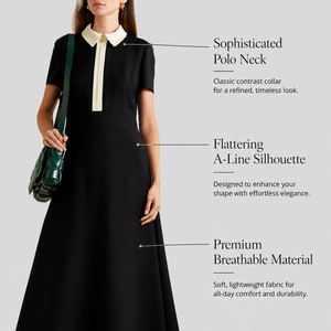 Elegante Abito Midi in Maglia <span class=keywords><strong>Nero</strong></span> a Contrasto con Collo a Polo, Maniche Corte e Cerniera, Stile Old Money Chic per l'Estate - Product Image 4