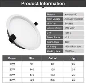 Commercial Waterproof IP44 Smart Dimmable Recessed 10W 15W 24W 30W Down Lights Dimmable SMD LED Downlight