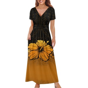 Robe <span class=keywords><strong>en</strong></span> tricot <span class=keywords><strong>pour</strong></span> femmes à imprimé de fleurs <span class=keywords><strong>en</strong></span> plumeria jaune style hawaï<span class=keywords><strong>en</strong></span> robe longue à manches courtes robes <span class=keywords><strong>pour</strong></span> femmes <span class=keywords><strong>pour</strong></span> les occasions spéciales - Product Image 2